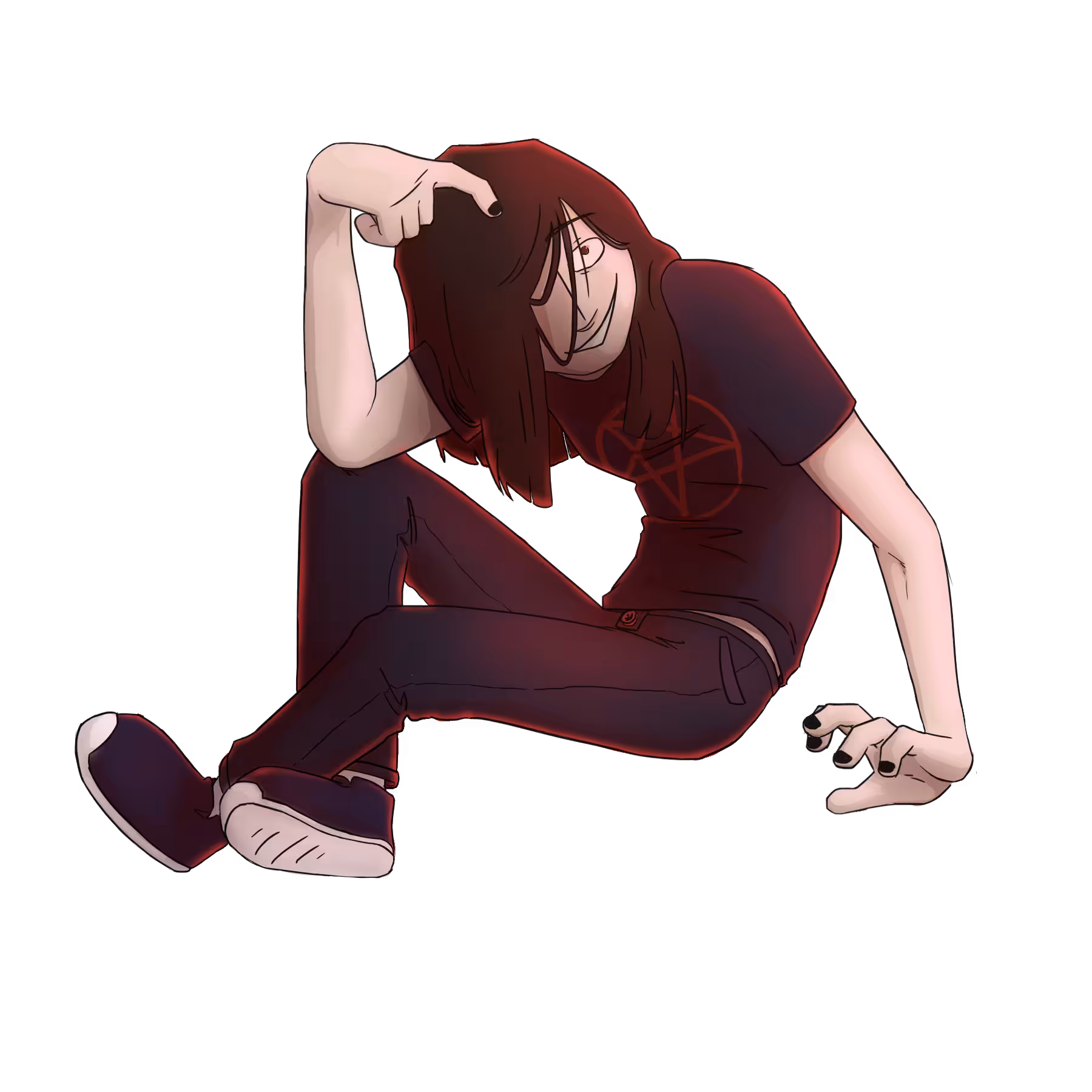 a dark-haired person sitting. they wear dark clothes with a pentagram on the shirt. their fingernails are black.