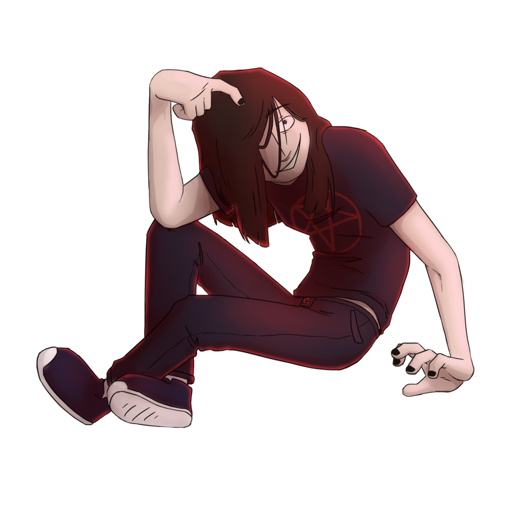 a dark-haired person sitting. they wear dark clothes with a pentagram on the shirt. their fingernails are black.